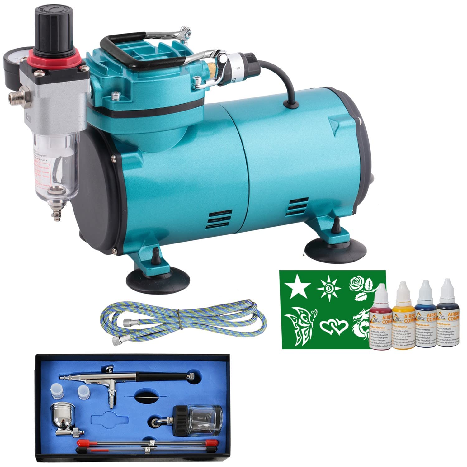 SET AEROGRAFO PROFESSIONALE Compact II SET con: Compressore + Set 4 COLORI + 6 STENCIL tatuaggi + AEROPENNA universale a doppia azione + 3 aghi + tazza colori + tubo + 2 supporti aerografo