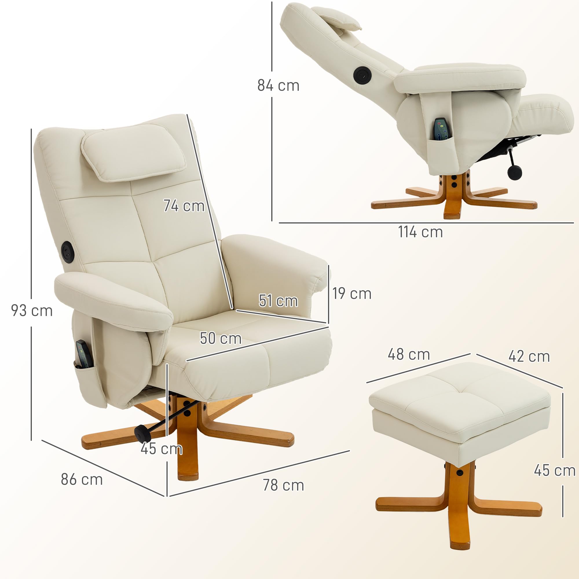 HOMCOM Fauteuil massant avec Repose-Pied Fauteuil Relax Salon - Dossier inclinable jusqu'à 135°, Coffre de Rangement, appuie-tête et télécommande - revêtement synthétique crème