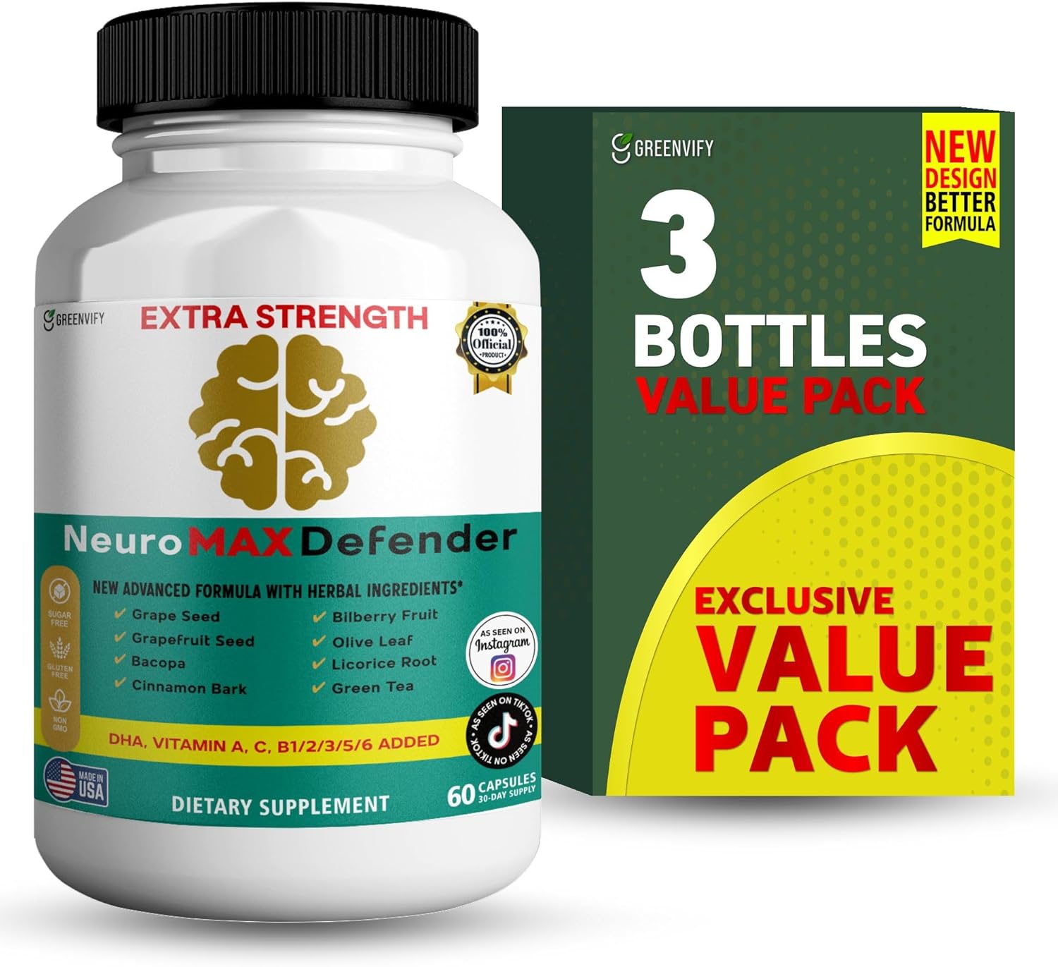 NeuroMAX Defender Extra Strength Brain Support Supplement with Herbal Blend, 60 Capsules, DHA, B12, Vitamins A C D E, Selenium, 30-Day Supply (1)