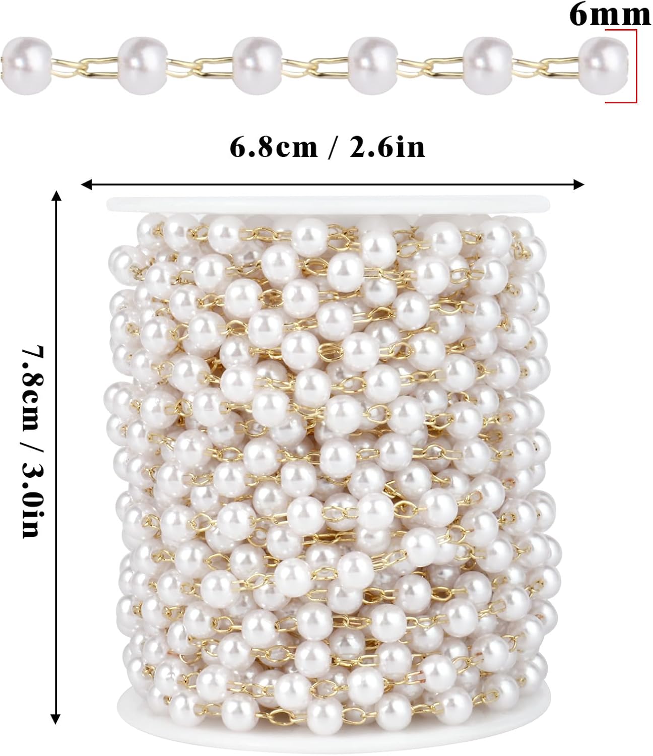 33 Feet Gold Pearl Beads Chains Roll, 6mm Faux Pearls Beaded Gold Plated Brass Cable Link Chain Spool Bulk for Jewelry Making DIY Craft