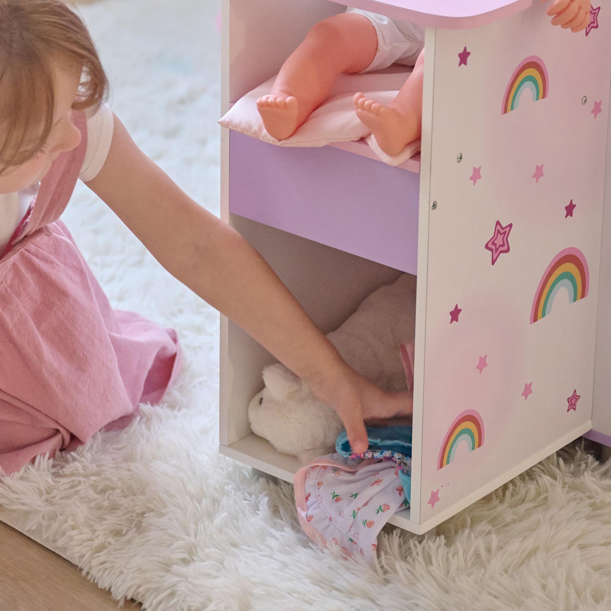 Olivia's Little World Nursery 6 w 1 drewniana lalka z łóżeczkiem, zlewem, wysokim krzesłem, szafką, pralką i wbudowanym przechowywaniem