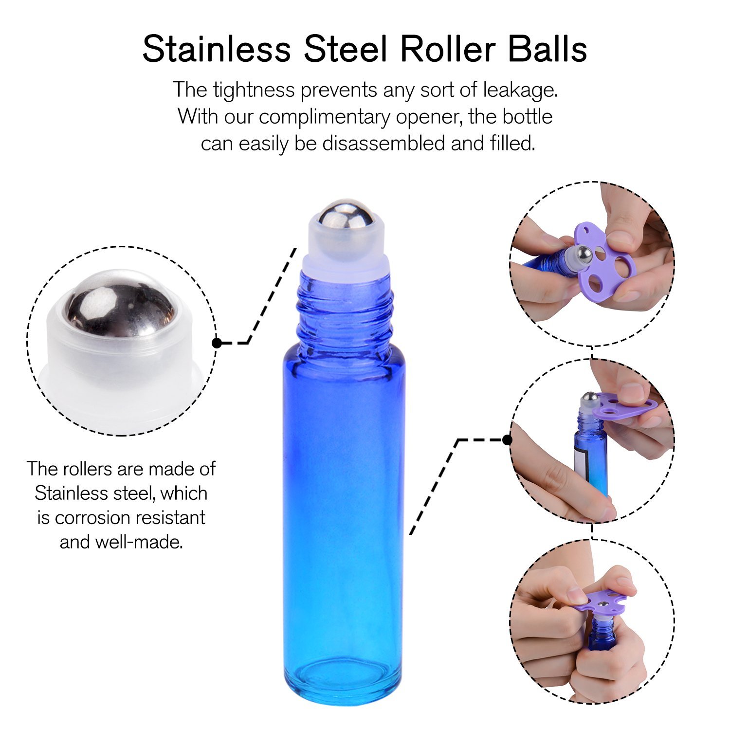 PrettyCare 60 Pack, 10 ml Essential Oil Roller Bottles with Stainless Steel Roller Ball - Bulk Refillable Leak-proof Empty Thick Rainbow Glass Roll on Bottles with Metal Caps for Travel, Perfume