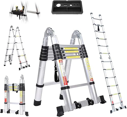 Escalera telescópica de marco A de 12.5 pies, escalera de extensión 2 en 1, escaleras telescópicas de aluminio multiusos con ruedas estabilizadoras