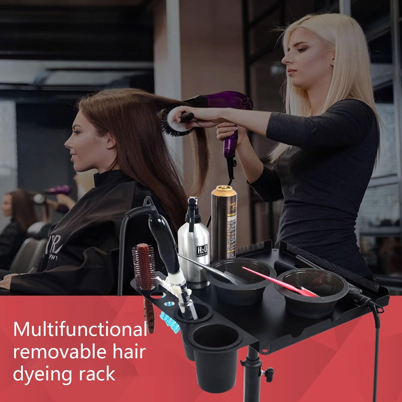Tablette Coiffure a Roulette Pas Cher Chariot Plateau Salon Support Perruque Salon Coiffure Chariot Levage Mobile avec 2 Bols de Teinture