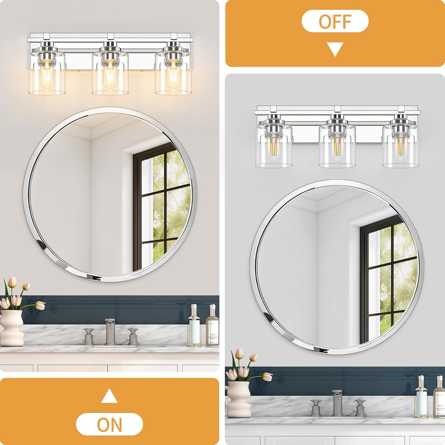3 Light Modern Bathroom Light Fixtures Over Mirror, Chrome Vanity Lights for Bathroom Wall Sconces with Clear Glass Shades, E26 Socket (Bulbs Not Included)