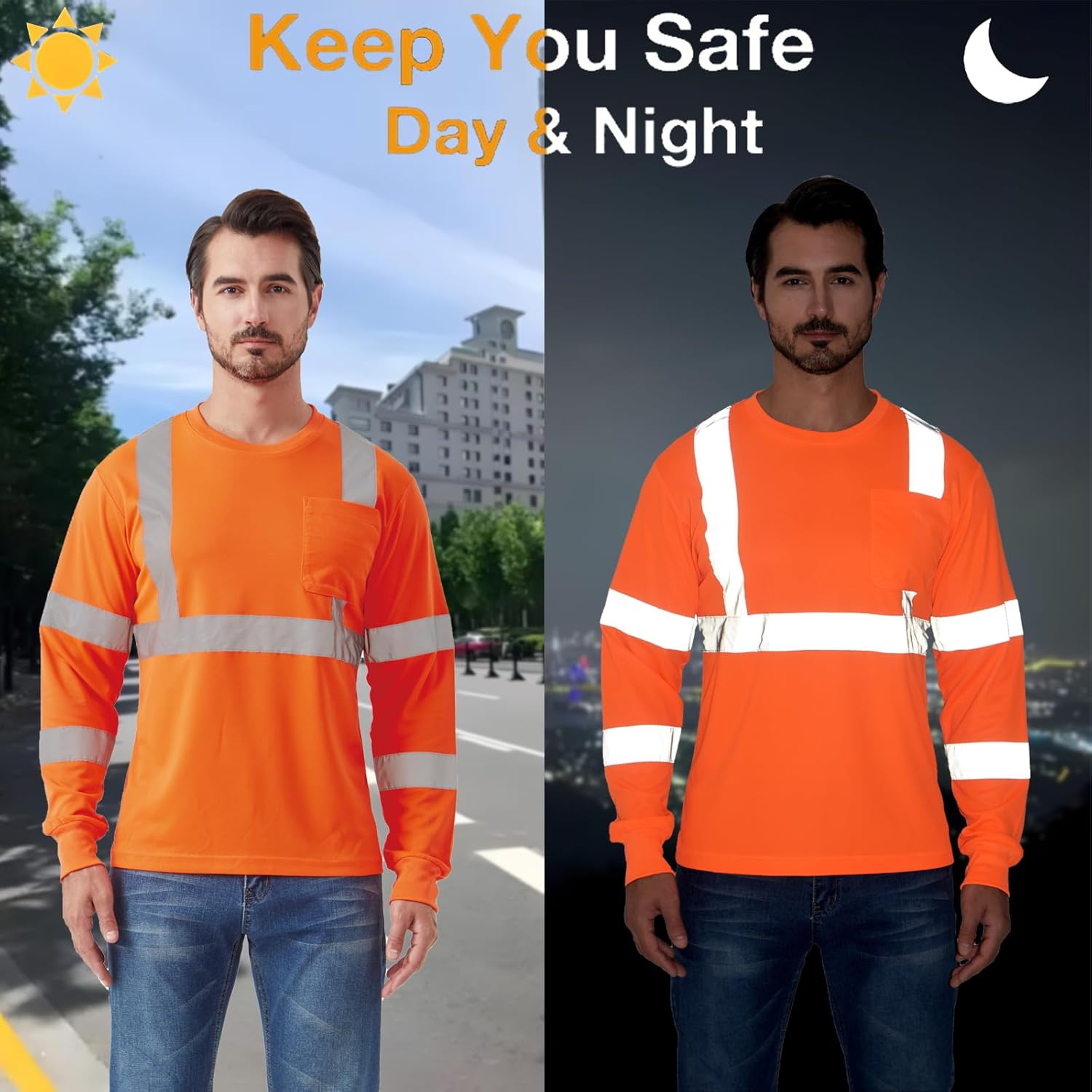 High Visibility Safety Long Sleeved Shirt, Workwear with Pockets and Reflective Strips, Breathable T-Shirt - Image 3
