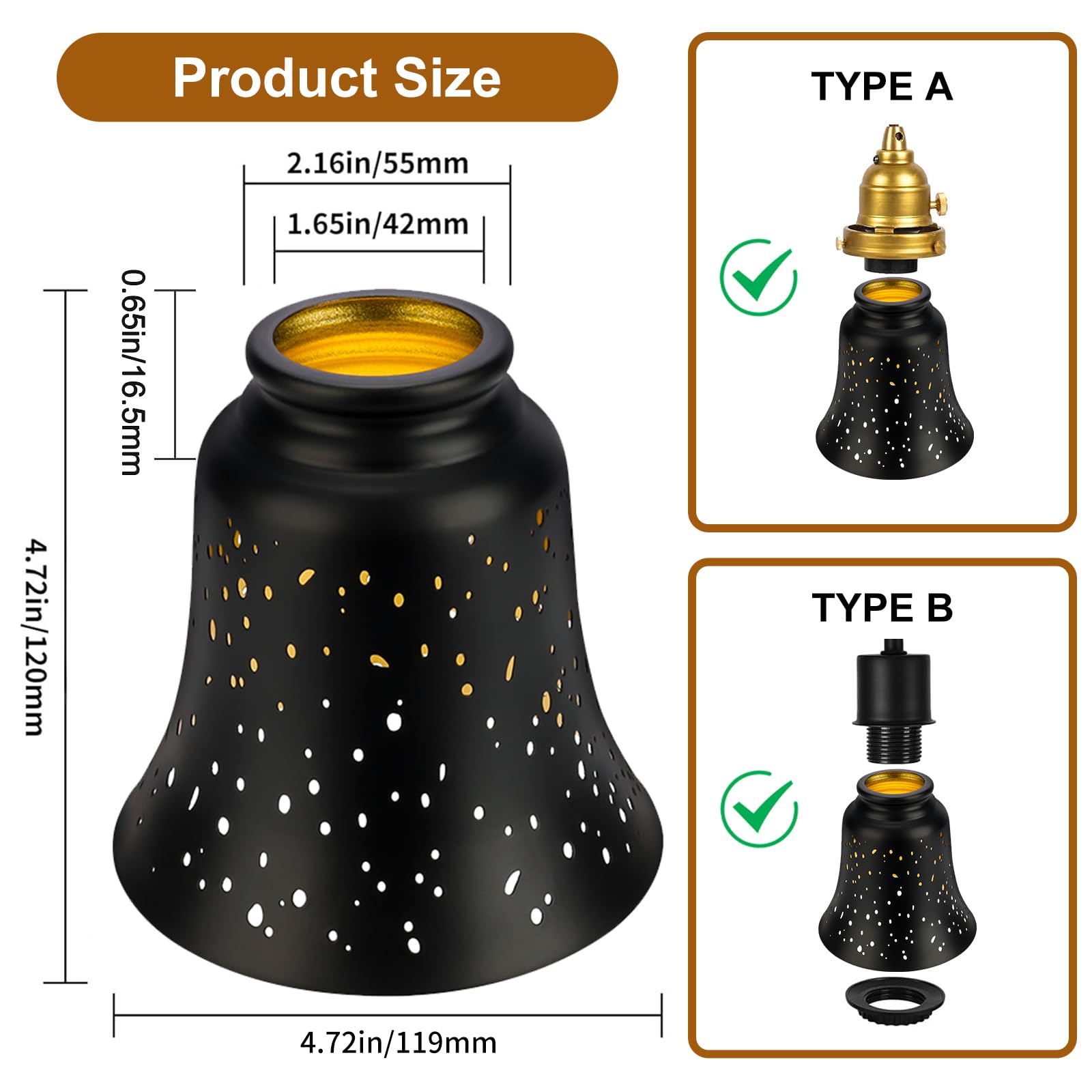 Fundas para ventilador de techo, 4 pantallas de repuesto para lámpara colgante con ajuste de 1-5/8 pulgadas, ALUCSET de 4.5 pulgadas de altura y 4-3/4 pulgadas de diámetro, cubierta de metal en forma