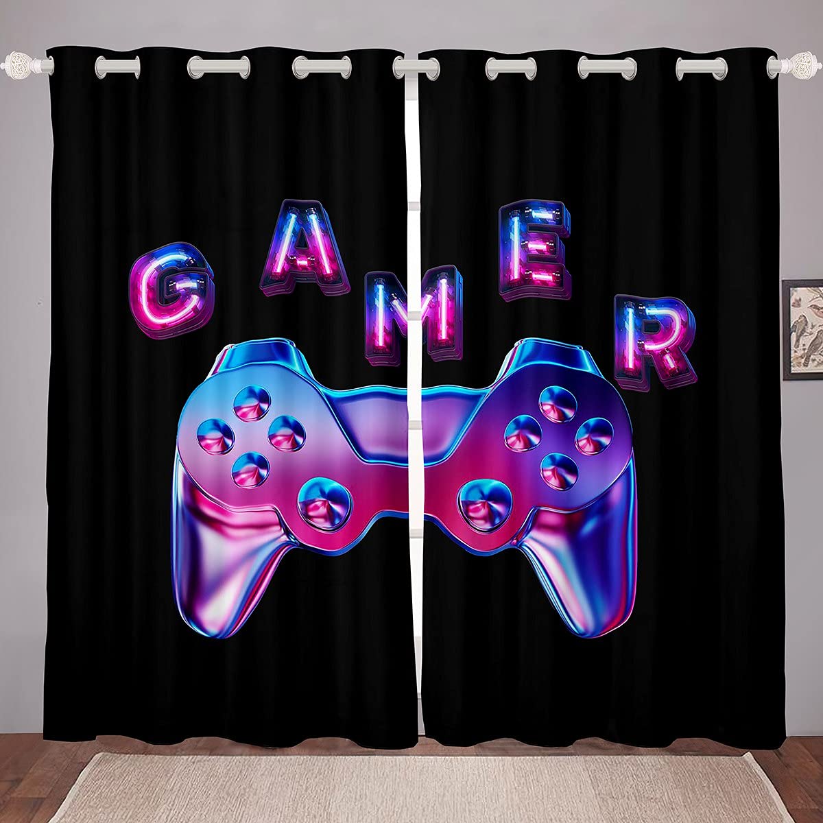 Gamer Curtain Kids Video Game Gaming Window Drapes for Boys Teens Blue Purple Game Controller Window Curtain Breathable Chic Window Treatments W46*L54