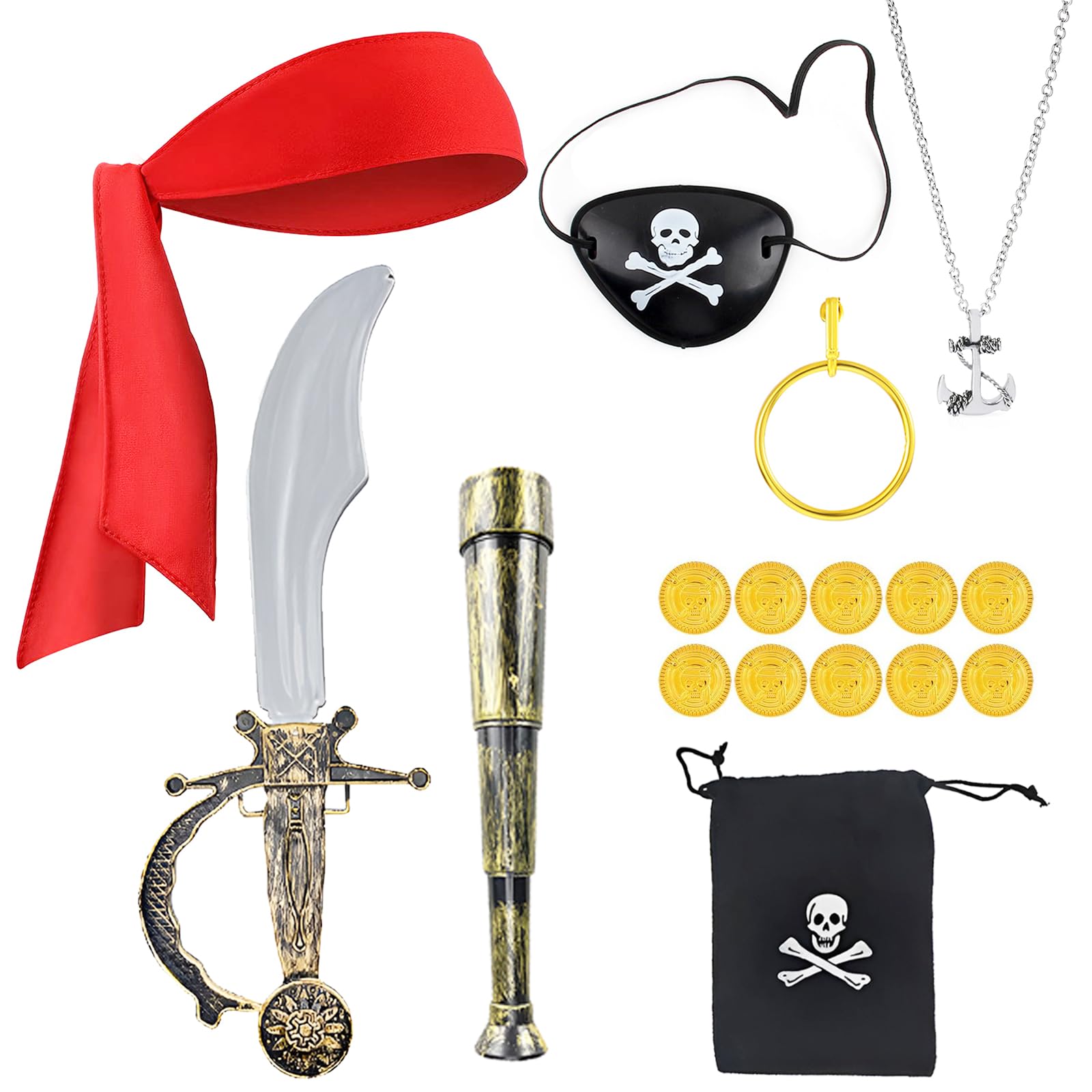 8 Pcs Pirate Accessories Set - Pirate Headband, Eye Patch, Earring, Binocular, Necklace, Gold Coins - For Men, Women, Boys, Girls - Halloween