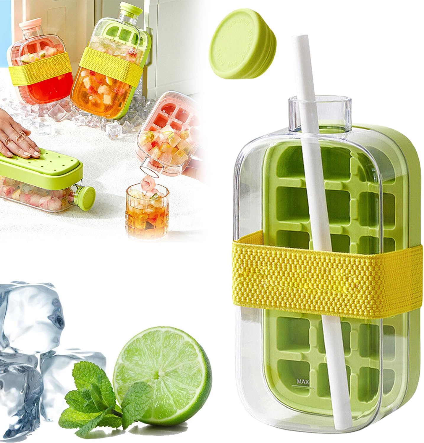 Ice Cube Bottle, cool summer ice bottle cup, 2 in 1 Touch-Free Ice Cube Tray Water Bottle with Lid and Bin, Easy Press to Release Vertical Ice Cube Tray with Lid for Freezer (Green 800ml)