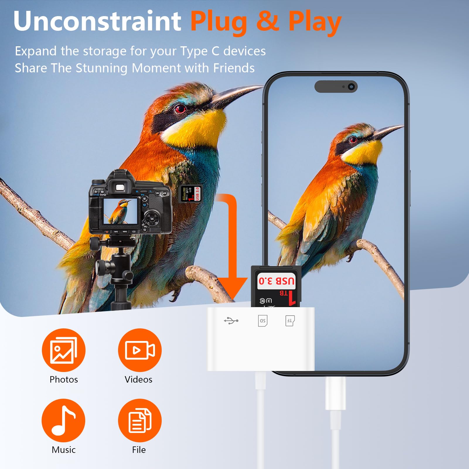 SD Card Reader Adapter for Samsung Galaxy S25 Ultra S24 FE S23 S22 S21 Plus iPhone 16 Pro Max 16e 15 Pro Max iPad 3 in 1 High Speed USB 3.0 Camera SD/Micro SD/TF Type C Memory Card Reader for Android