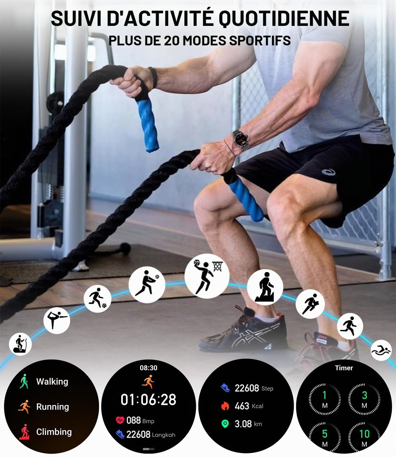 Montre Connectée Homme Appel Bluetooth Assistants Vocal 1.39" Smartwatch Intelligente Podomètre Calories Calculatrice 2 Bracelets Montre Sport Fréquence Cardiaque Sommeil SpO2 pour Android iOS