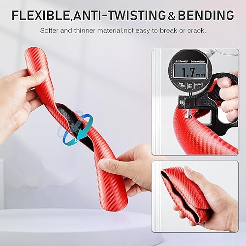 Miniatura 6 de Funda para volante, funda de fibra de carbono para volante de automóvil, cubierta roja para volante. Agarre antideslizante, cómodo, duradero y fácil