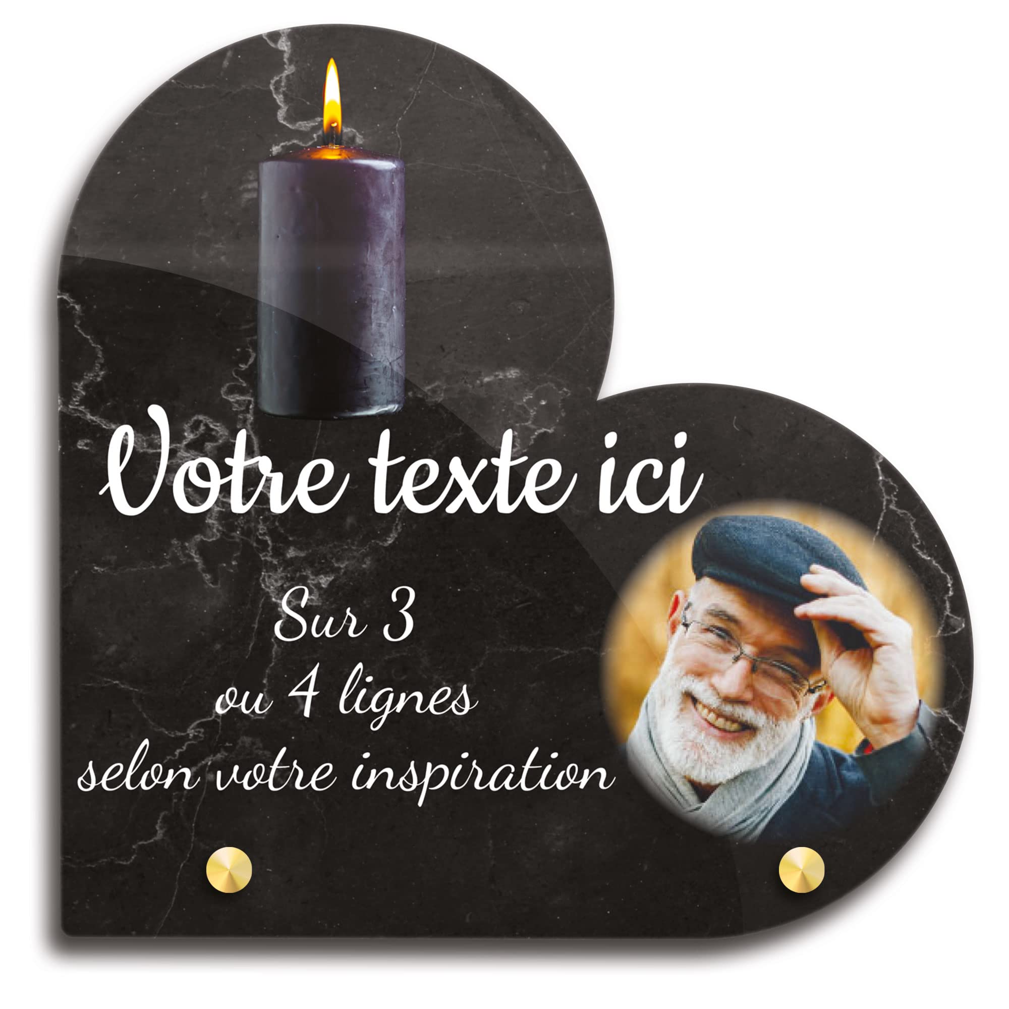 Placa funeraria corazón con foto personalizable en plexi, diseño de vela negra, diferentes tamaños, grosor de 6 mm, personalizado en varias líneas, 20 x 20 cm