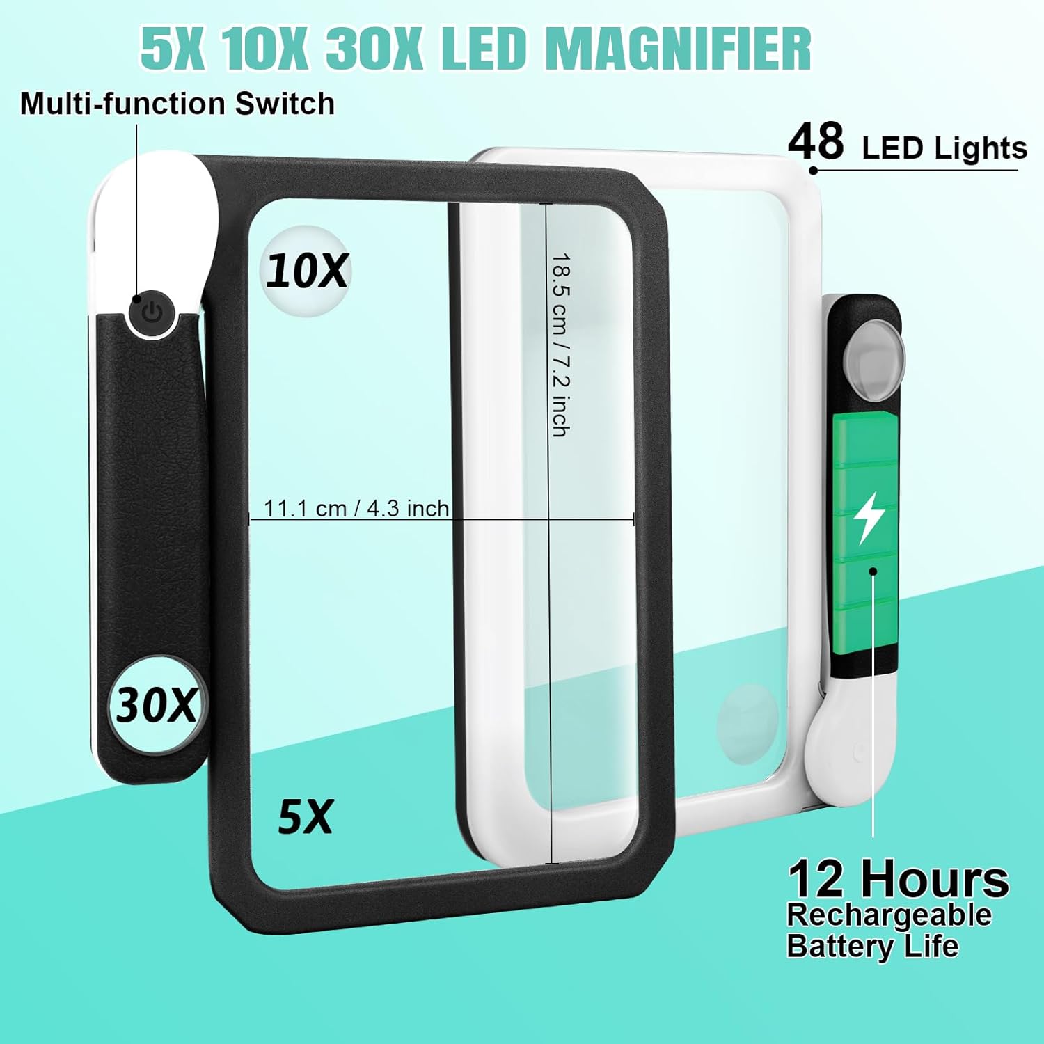 30X 10X 5X Large Magnifying Glass with Light, Rechargeable Foldable Full Book Page Magnifier, 48 LED Light Small Print Magnifier Sheet Lightweight for Low Visual Person and Seniors (Black)