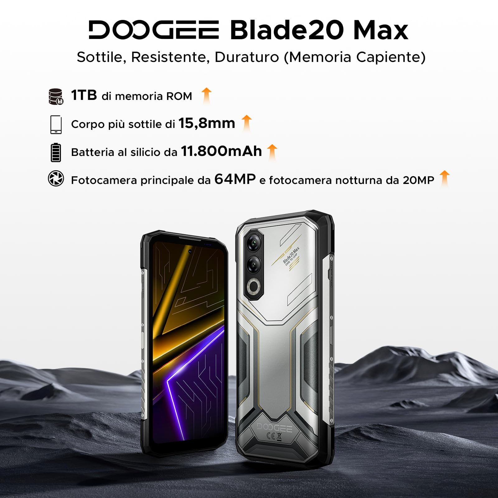DOOGEE Blade 20 Max Rugged Smartphone, 36GB RAM+1TB ROM(2TB TF) Telefono Indistruttibile, 11800mAh/33W, MTK Helio G100 Octa Core, 6.6" 120Hz, 64MP+20MP+16MP, Android 15/NFC/4G Dual SIM/Face ID