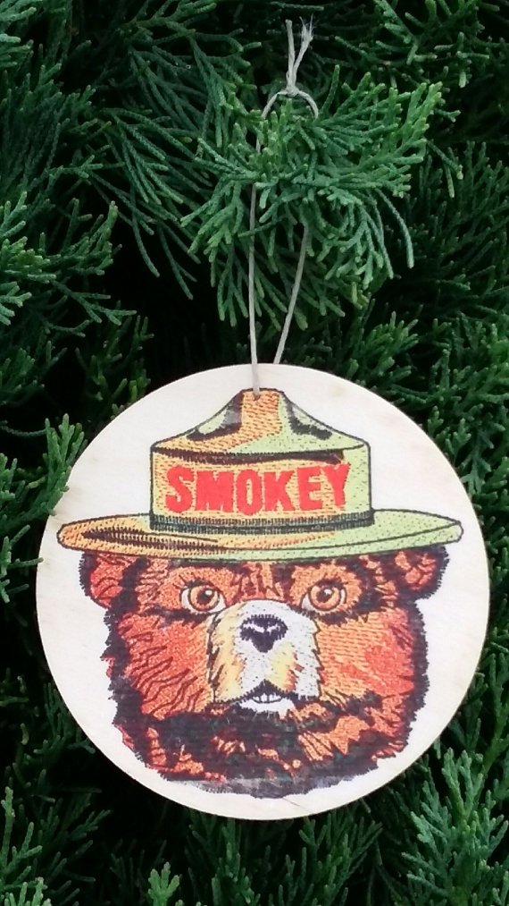 U.S. Forest Service Smokey Bear Ornaments Set of 3! 3" Diameter Aspen Wood Made in USA Wooden Christmas Ornaments! Rustic Log Cabin Lodge