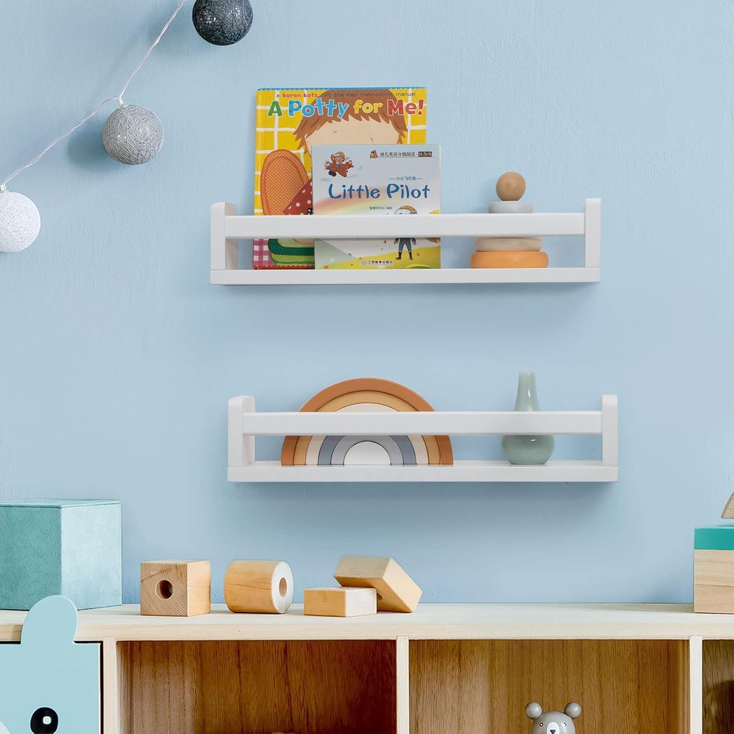 ShunpuBF Nursery Book Shelves for Wall Set of 2 40CM White Floating Book Shelf for Kids Rooms,Small Wall Mounted Pine Wood Bookshelf for Baby Teen Boys Girls Bedoom Bathroom Toy and Decor Storage - Image 2