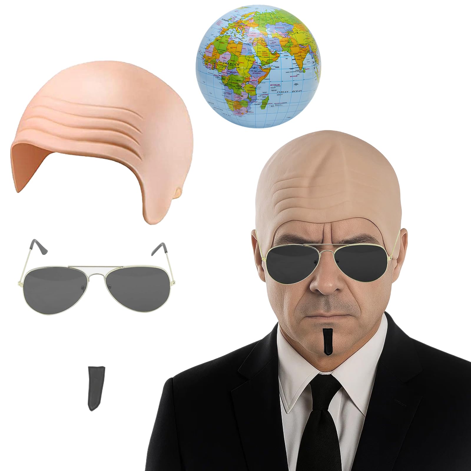 ZcrPrn Pitbull Costume, Halloween Costumes, 4 PCS Mr Worldwide Costume Set with Inflatable Globe, Soul Beard and Sunglasses, Latex Bald Cap for Halloween,Icon Celebrity Fancy Dress Theme Party