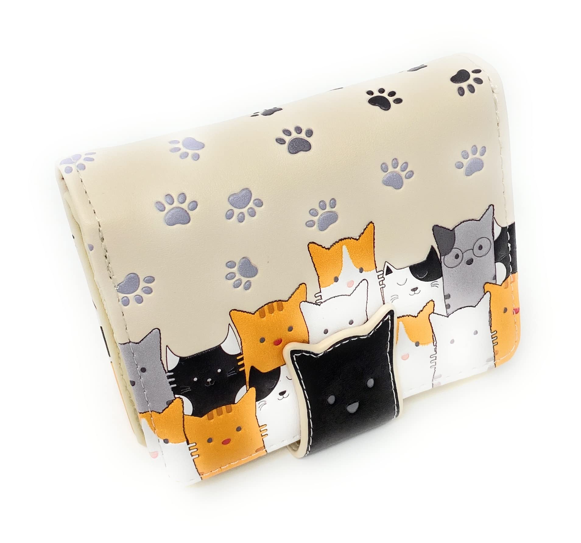 Shag Wear Kitty Crowd Small Wallet Vegan Faux Leather Cat Design Compact Purse with Card Slots ID Window Bill Pocket Zippered Coin Section 4.5" Beige