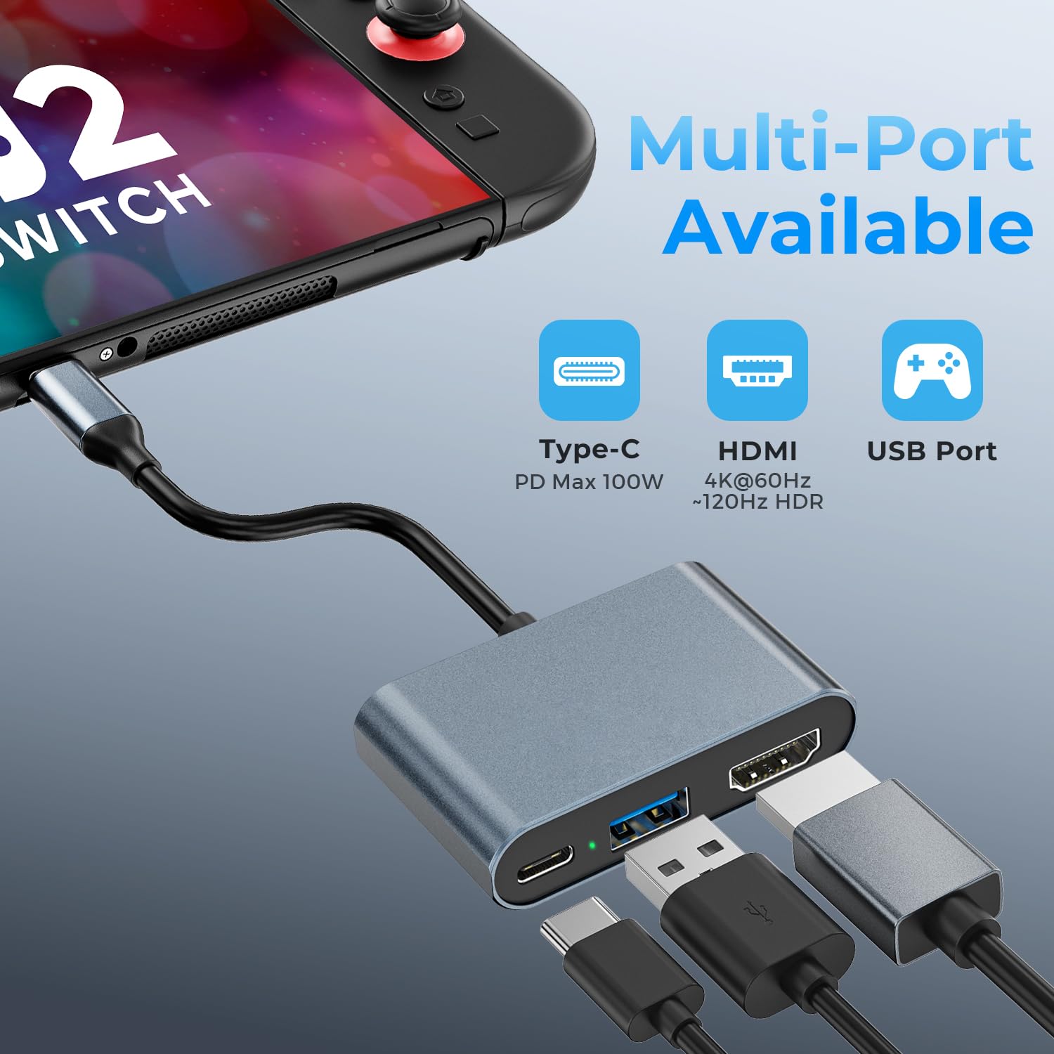 Switch 2 Dock, przenośna stacja dokująca USB C z portem 4K przy 120 Hz/PD 100 W/USB 3.0, podróżna stacja dokująca ze stopu aluminium do Switch/Steam Deck/ROG Xbox Ally X/Legion Go 1/2/S