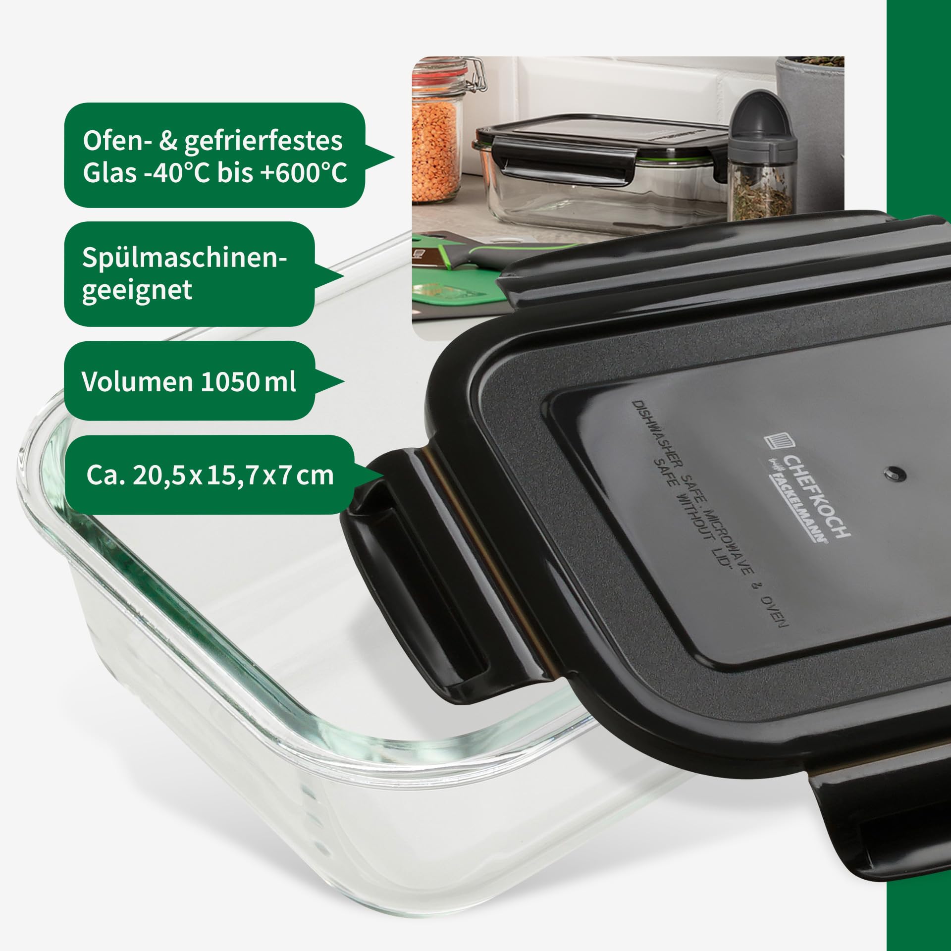 FACKELMANN Chefkoch 8er Set Vorratsdosen – Ideal für Mealprep – 1050ml Borosit-Glas mit Kunststoffdeckel – Mikrowellen- & ofengeeignet – Auslaufsicher und luftdicht