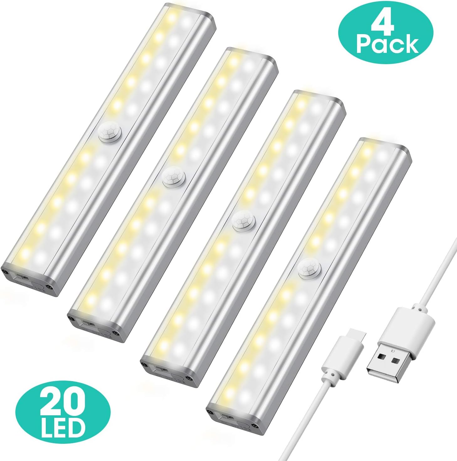 Closet Light Under Cabinet Lighting - 20 LED Motion Sensor Light Bulb with 3 Color Modes - 4 Pack Rechargeable Cabinet Lights & 6 Magnetic Strip - Easy to Stick-on Cabinet Closet Stair with 3M Sticker