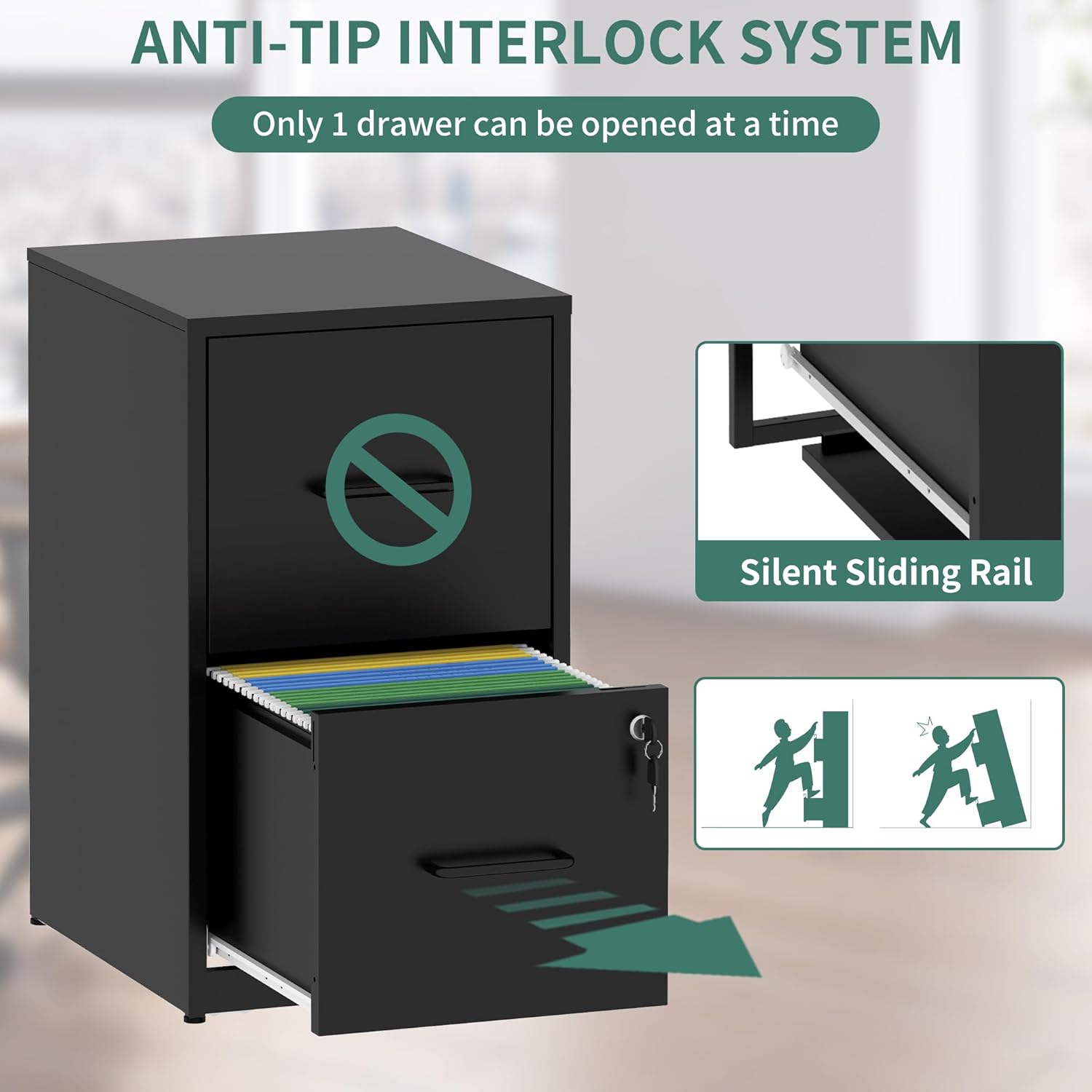 2 Drawer File Cabinet with Lock,Metal Vertical Filing Cabinets for Home Office,Heavy Duty File Storage Cabinet for Letter/Legal/A4/F4 Size File,Assembly Require (Black, Vertical 2 Drawer)