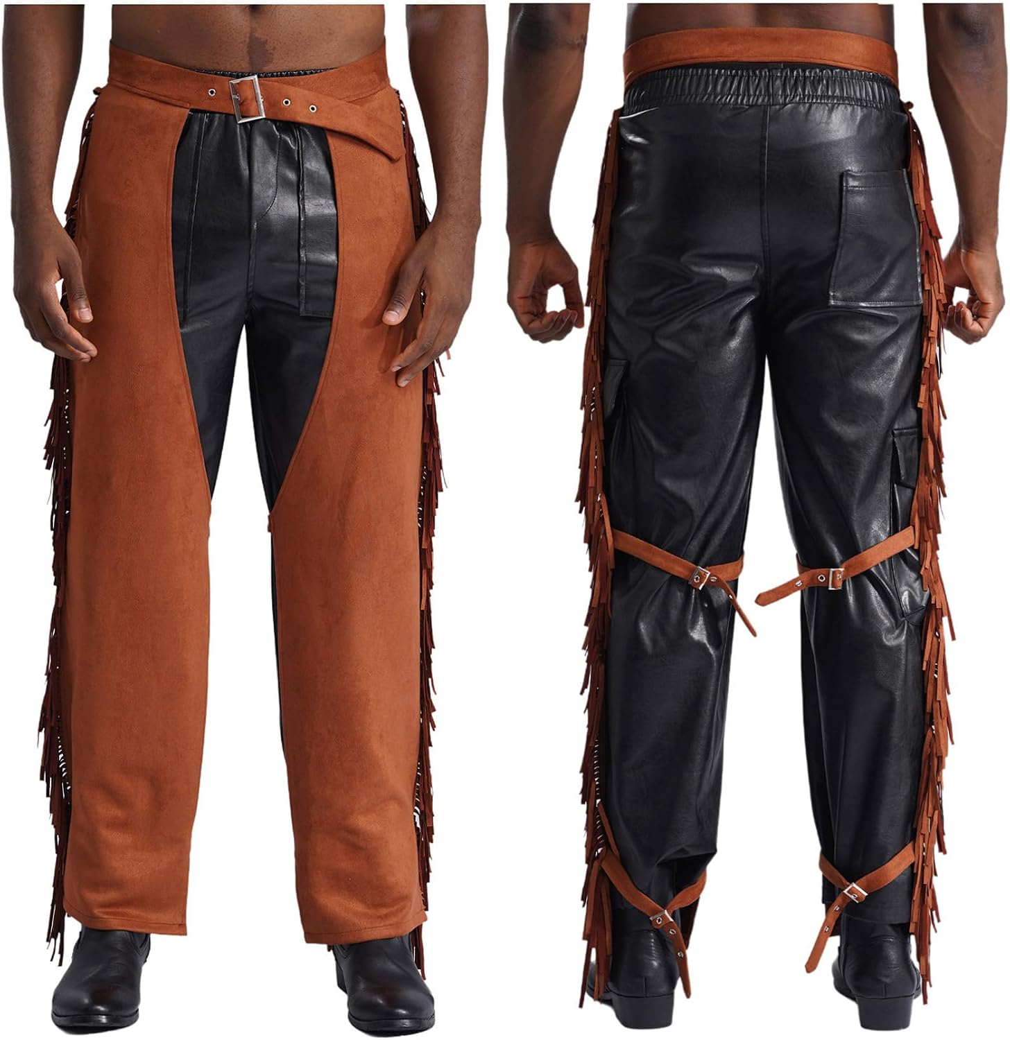YiZYiF Mens Suede Fringe Cowboy Chaps Tassels Cowboy Western Pants Riding Biker Vintage Chap Pants