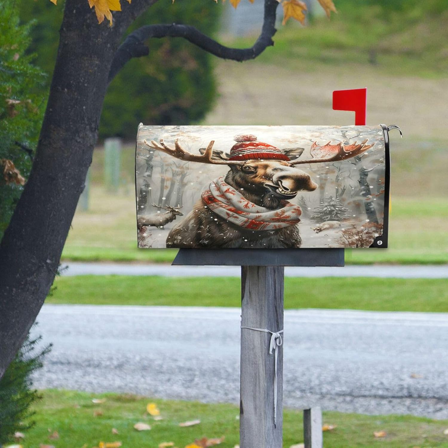 senya Christmas Mailbox Covers, Moose Winter Forest Mailbox Covers Oxford Cloth Post Box Cover with Magnetic Strip for Garden Yard Decor