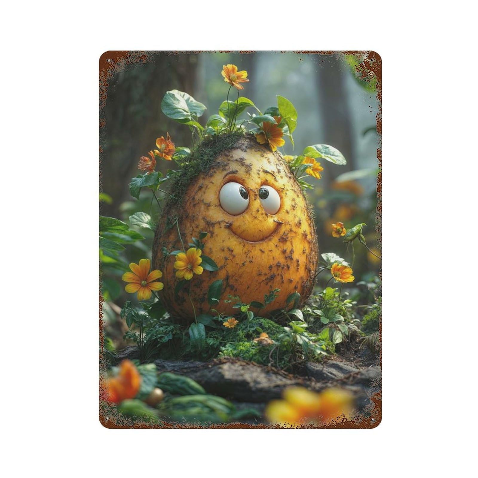 Smiling Potato in Forest Aged Metal Wall Plaque 15.7"x11.8", Classic Wall Plaque for Garage, Pub Or Kitchen