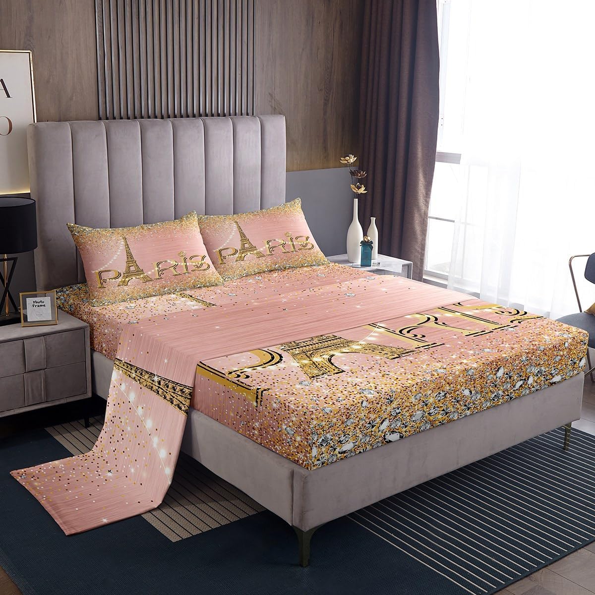 Eiffel Tower Sheet Set King,Pink Golden Paris Romantic Tower Bed Sheets for Women,Gradient Diamond Bedding Set,Sparkles Sequins Fitted Sheet Deep Pocket + Flat Sheet + 2 Pillow Shams Bedroom Decor
