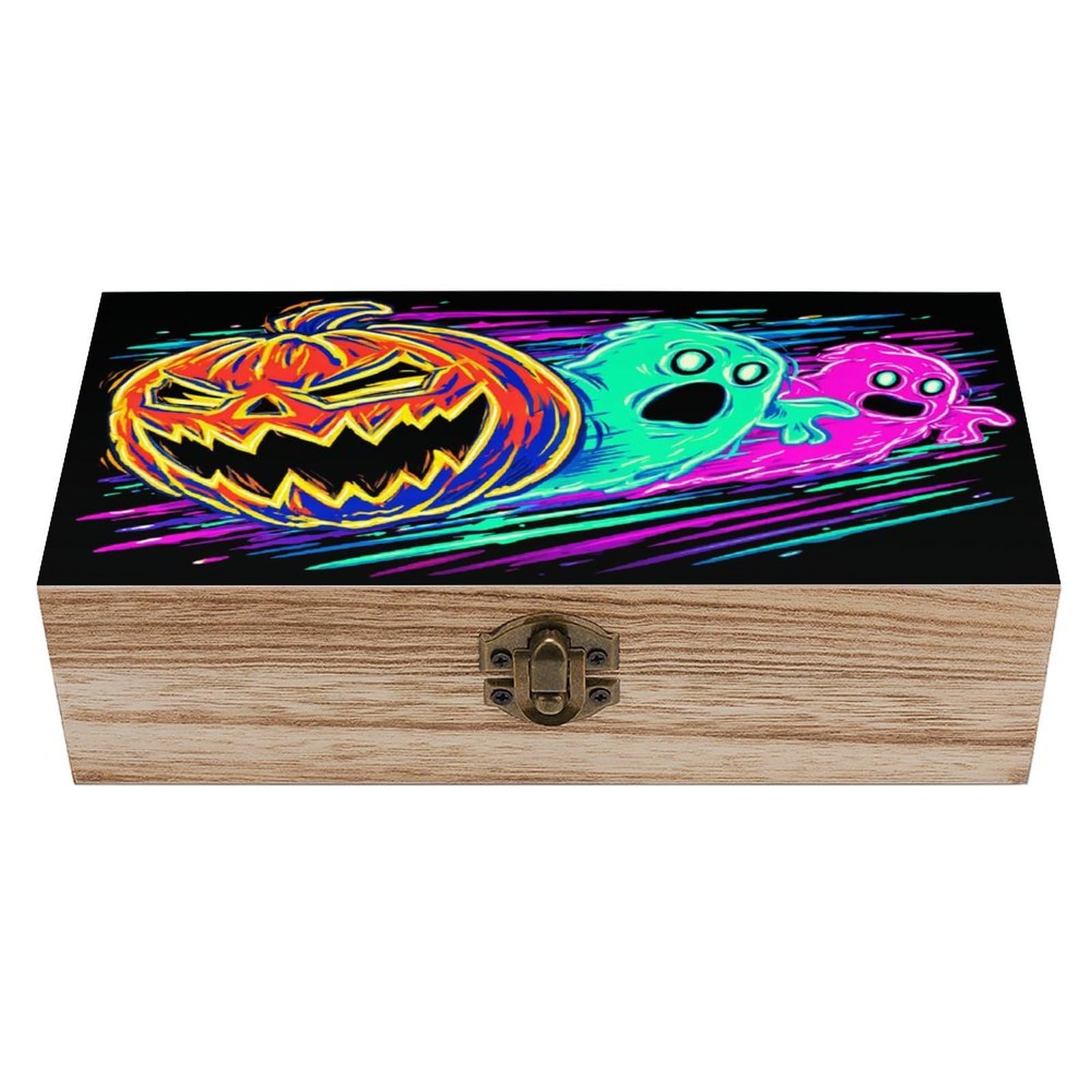 Halloween Pumpkin Ghost Neon Orange Yellow Wooden Storage Box with Hinged L
