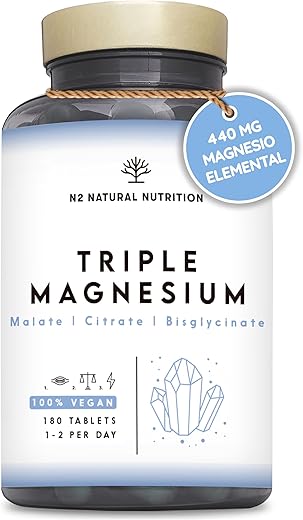 Citrato de Magnesio 1440mg + Magnesio Bisglicinato 600mg + Malato 600mg. 440mg de Magnesio Elemental de Alta Biodisponibilidad. Reduce Cansancio, Alivia Dolor Articulaciones y Músculos. 3 meses. N2