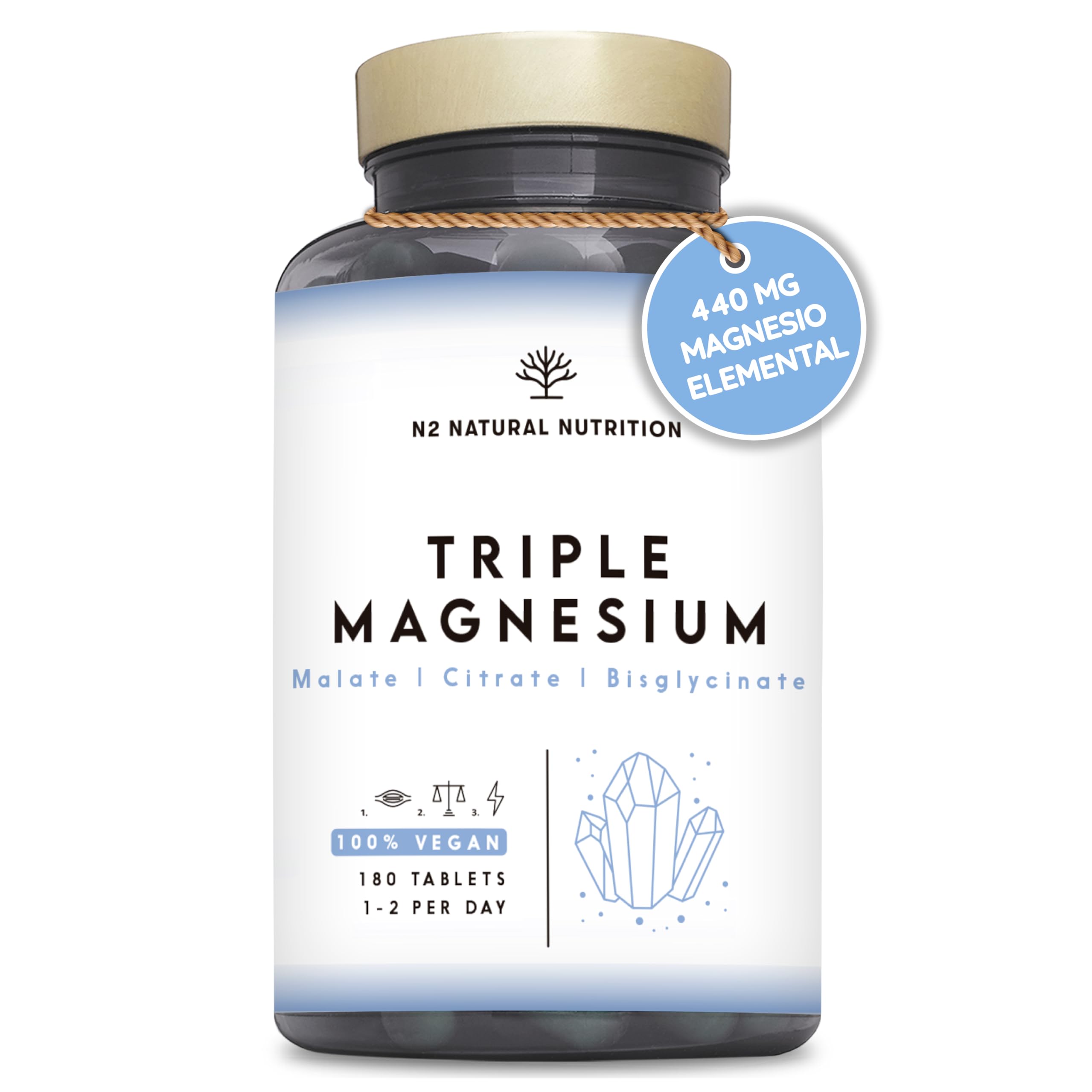 Citrato de Magnesio 1440mg + Magnesio Bisglicinato 600mg + Malato 600mg. 440mg de Elemental de Alta Biodisponibilidad. Reduce Cansancio, Alivia Dolor Articulaciones y Músculos. 3 meses. N2