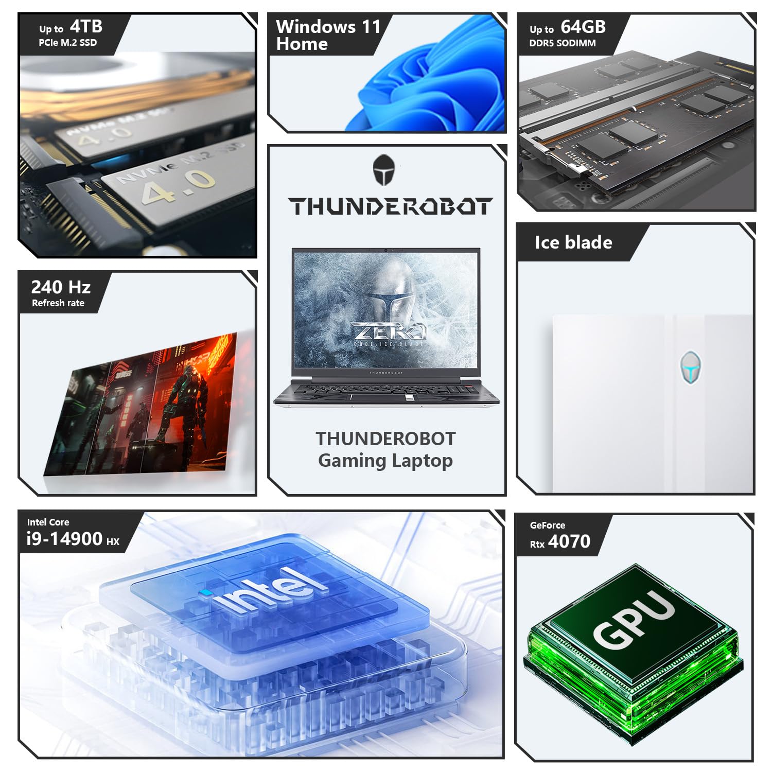 Thunderobot Zero 16 i9 4070 Gaming Laptop | 16 QHD+ 240Hz 2.5K Display | 14th Gen Intel Core i9-14900HX | GeForce RTX 4070 | 64GB DDR5 | 2TB SSD | RGB Backlit Keyboard | Wi-Fi 6 | Win 11 Home | White