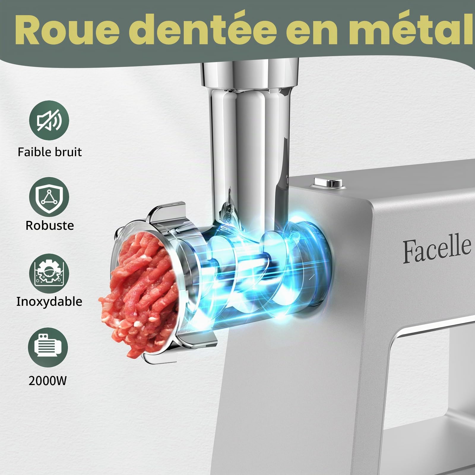 Hachoir a Viande, 2000W Hachoir Electrique avec 3 grilles en acier inox
