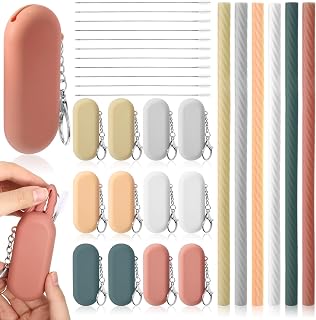 Zhehao 12 Sets Silicone Straws with Case Reusable Foldable Travel Straw Collapsible Cold or Hot Drinking Pipes with Carry Case, Long Cleaning Brush and Keychain, 6 Colors (Morandi Color)