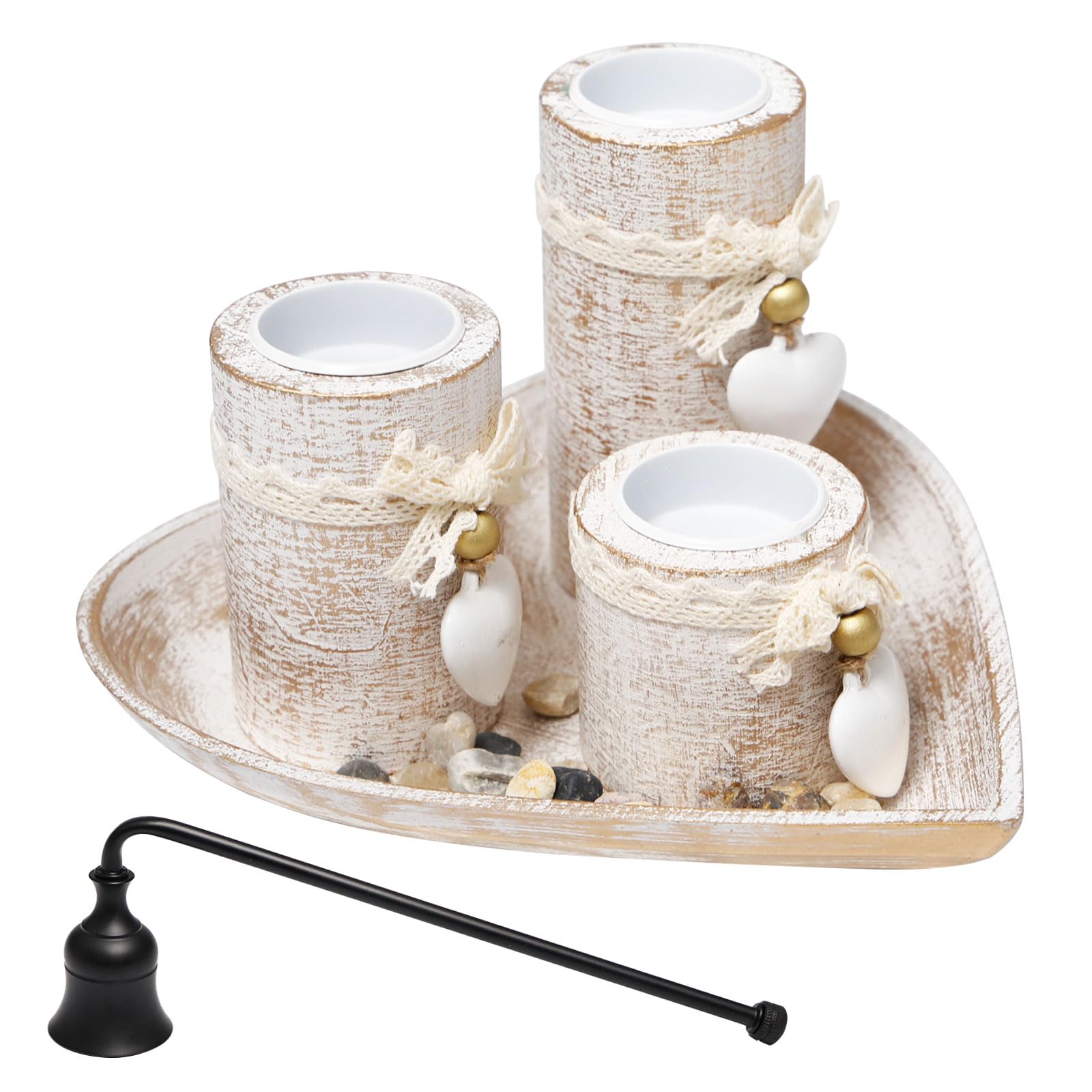 Set di 3 Portacandele in Legno con Vassoio a Cuore e Campana Spegnicandela Candelabri decorativi per Tealights per Compleanni,Matrimoni,Cene Romantiche,Natale e Decorazioni da Tavolo