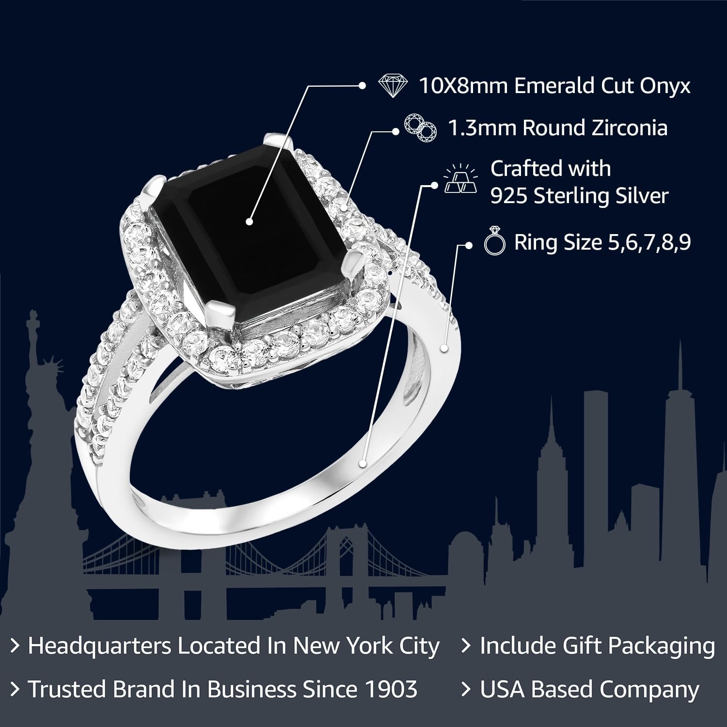 Gem Stone King 3.75 Cttw Black Onyx Engagement Ring For Women | 925 Sterling Silver | Emerald Cut 10X8MM | Gemstone Birthstone | Wedding Engagement Anniversary Promise Ring For Women - Image 2