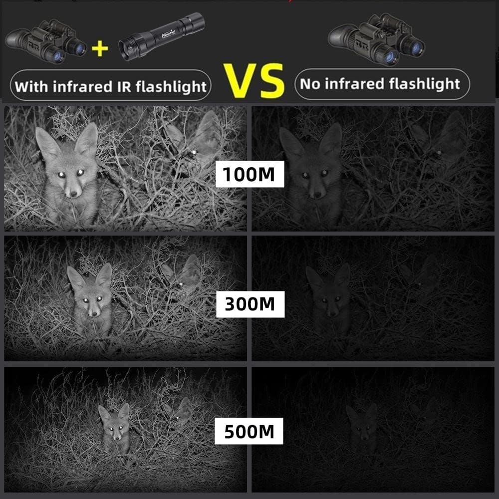 Night vision comparison with and without ALONEFIRE IR flashlight at 100M, 300M, and 500M