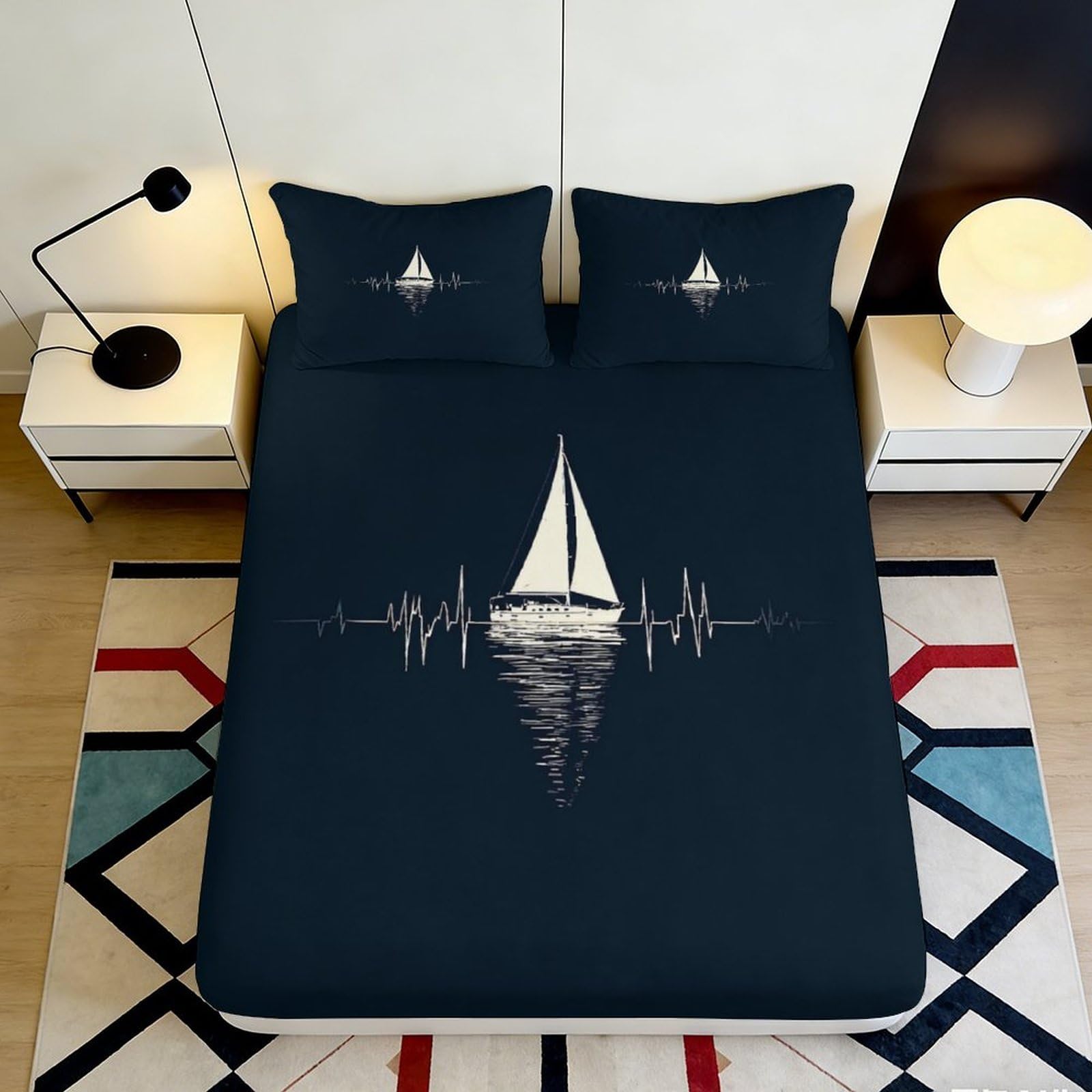 3D Printed Sailboat Fitted Sheet Microfiber Soft Breathable Heartbeat Bed Cover for Bedroom Dormitory Guest Room Mattress Protection Decor 180x200x25cm