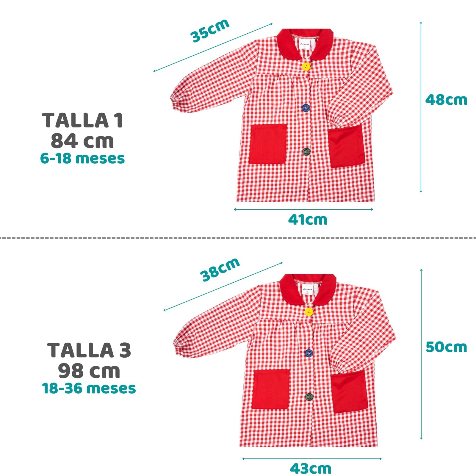 HOMYBABY® Babi escolar infantil para guarderia y colegio con botones - Bata escolar para niño o niña - Baby escolar infantil fácil de poner y quitar con bolsillos y puños cerrados (Red, Size 1)