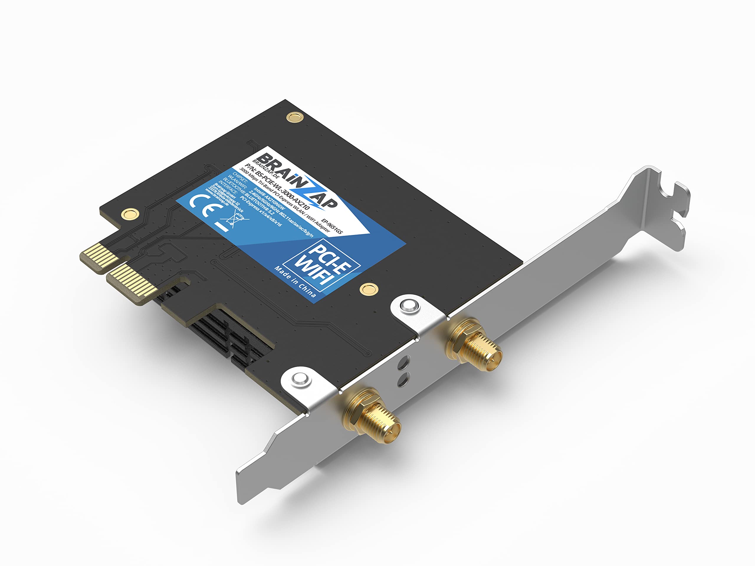 BRAINZAP Carte réseau PCIe PCI-Express 3000 Mbit/s WiFi 6 E 2,4/5/6 GHz Trie-Band Intel AX210 Carte réseau PC 802.11ax/ac/a/b/g/n Bluetooth 5.2
