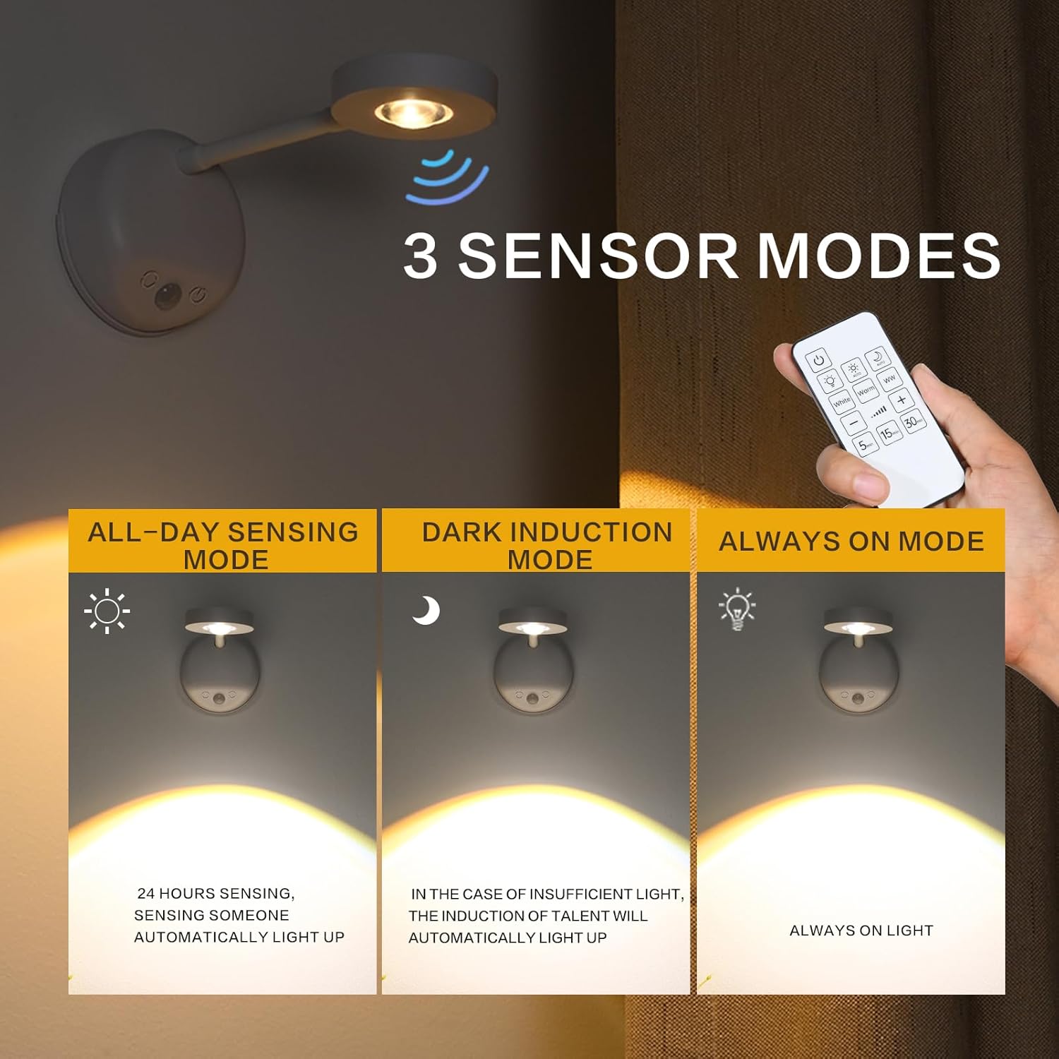 XPESUVC Motion Sensor Wall Light Rechargeable LED Spotlight Flexible Rotate Bedside Reading Lamps with 3 Color Temperature for Picture, Mirror, Hallway (Black, 2 Pack(with Remote Control))