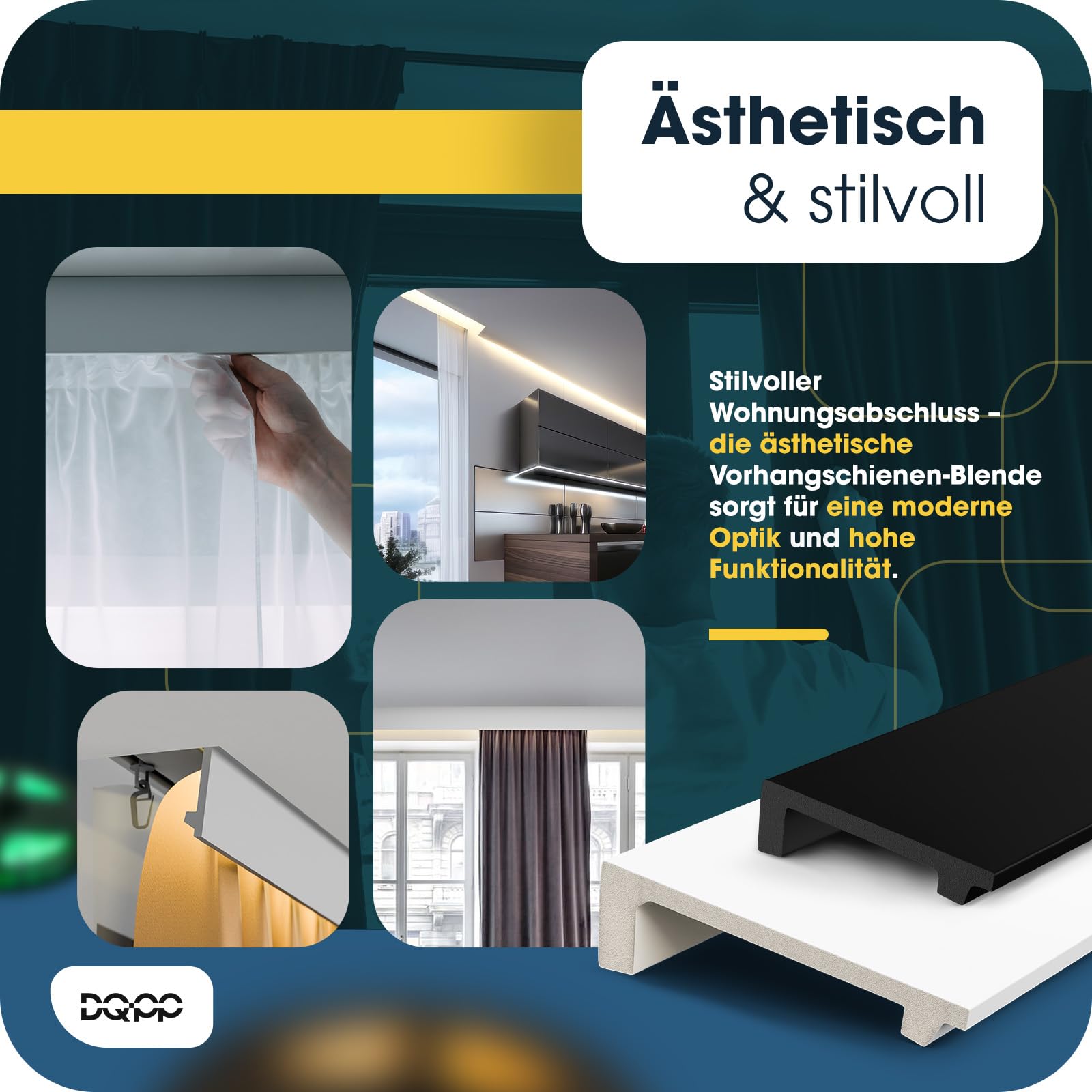 DQ-PP 8m GARDINENBLENDE – 100 x 27mm – Weiß – 4 x 2m – Polystyrol Vorhangleiste – Indirekte Beleuchtung – XPS Stuckleiste