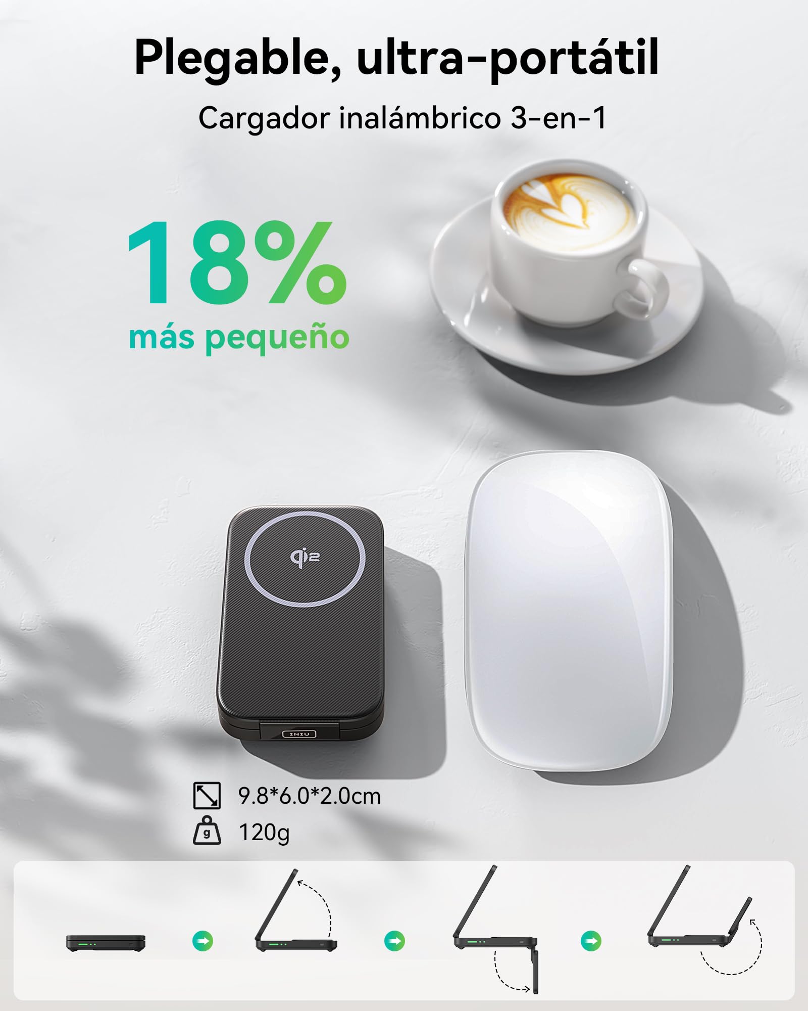 INIU Cargador Inalámbrico 3 en 1, 15W Certificado Qi2 Cargador de Viaje rápido Plegable magnético Compatible con Mag-Safe para iPhone 17e /17/16/15/14/13/12/Air Series, Apple Watch & AirPods Pro/4/3/2