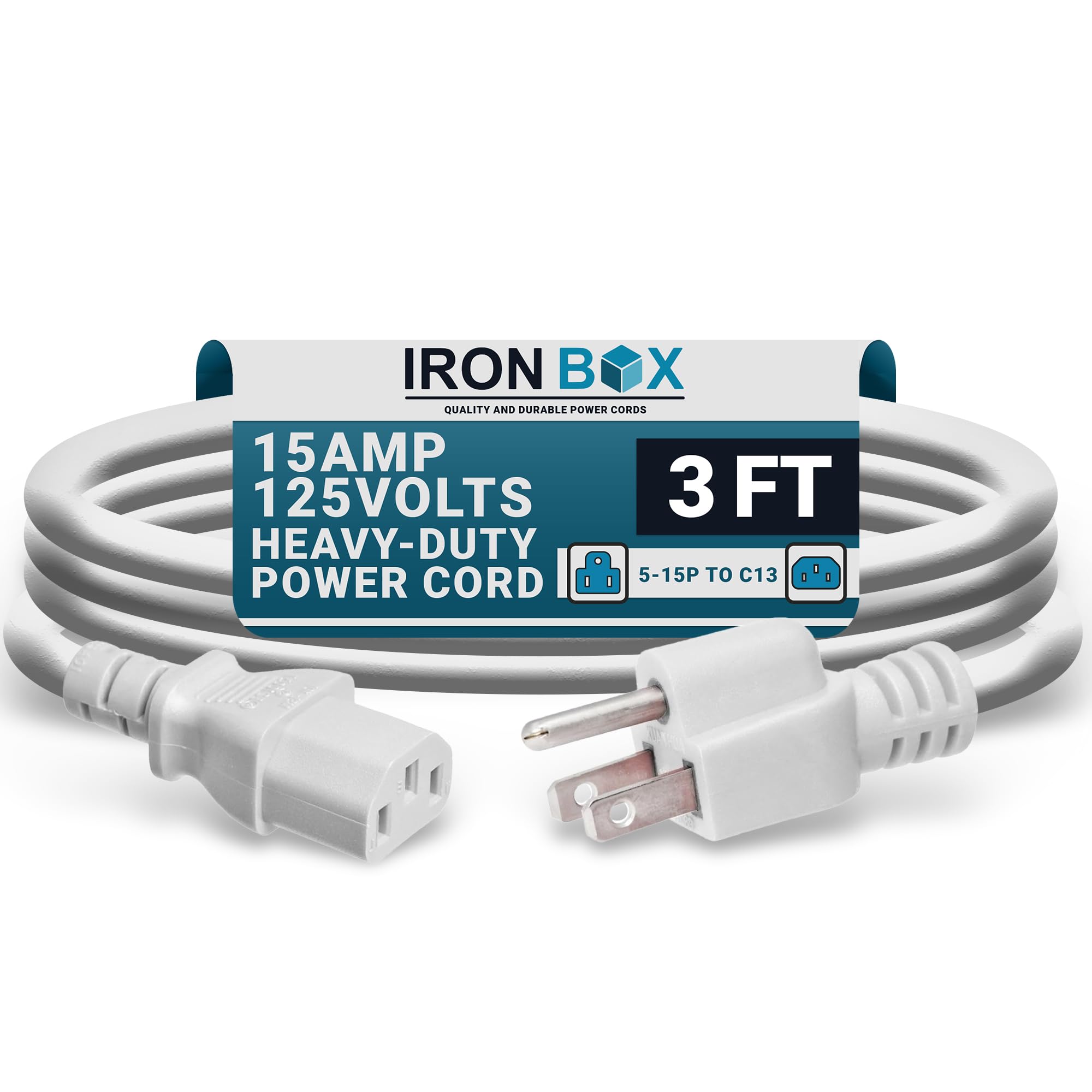 IronBox Electric - Heavy-Duty 5-15P to C13 Power Cord - 3 Prong 15A 125V 14/3 SJT PC Cable - Cord for Computer, Monitor, Subwoofer, Amplifier - Cable for Power Supply - (White 3 Foot)