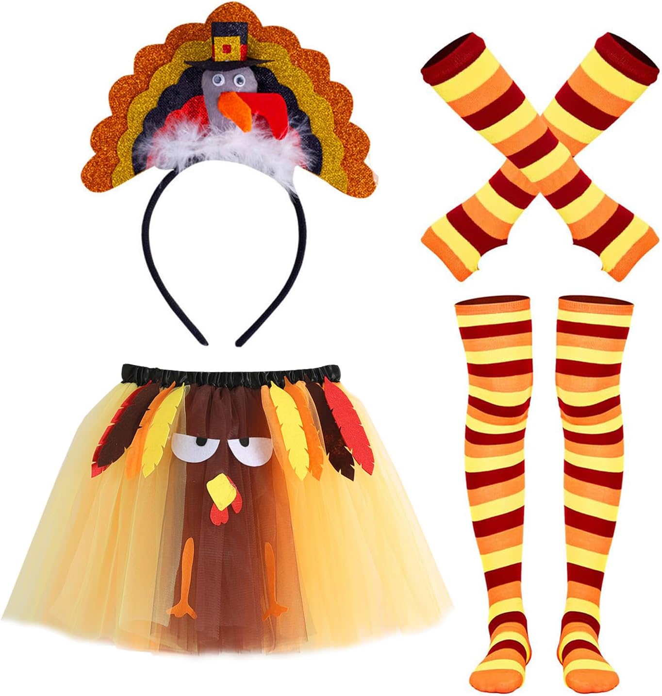 3 Pcs Thanksgiving Tutu Costume Thanksgiving Turkey Trot Costume Set, Turkey Headband Sock for Cosplay Party