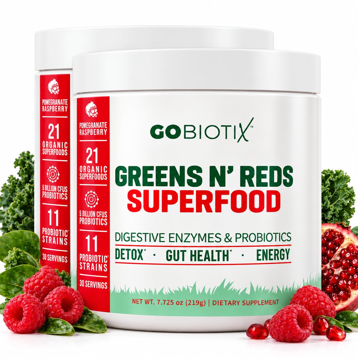 GOBIOTIX Super Greens Powder with Beet Root, Spirulina, Moringa &amp; Chlorella – Probiotics, Enzymes &amp; 21 Superfoods – Zero Sugar, Vegan, Non-GMO – 60 Servings, 2-Pack (Pomegranate Raspberry)